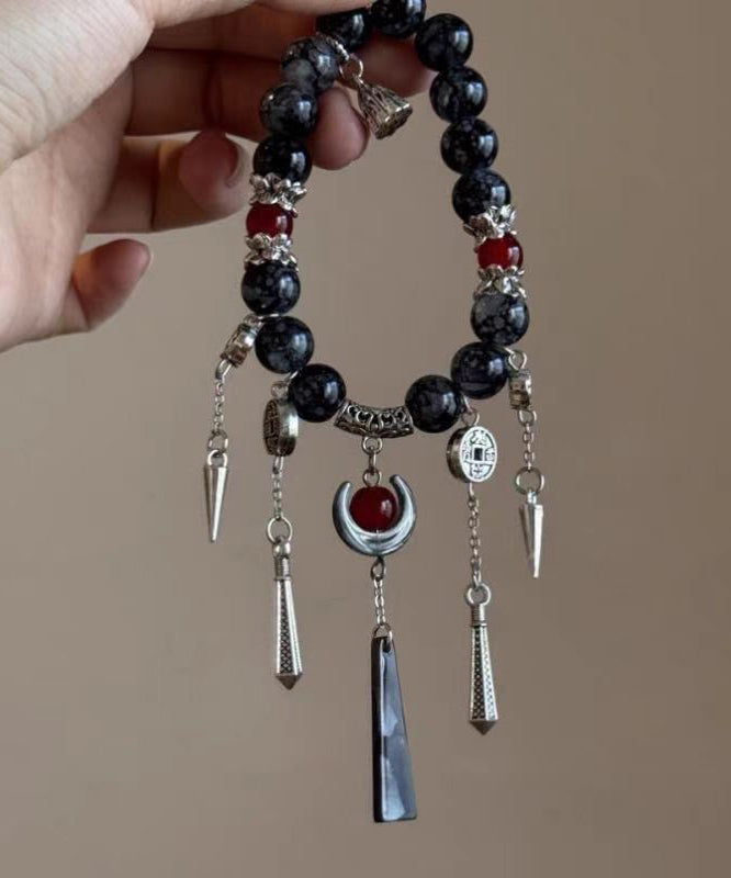 Breloque pompon en pierre précieuse, argent sterling, cristal noir