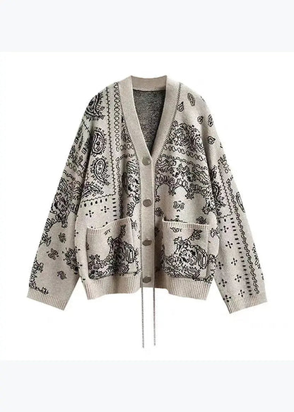 Boutique Apricot V Neck Pockets Print Knit Cardigans Spring Ada Fashion