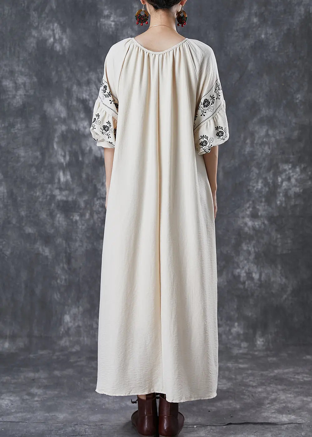 Boutique Beige O-Neck Oversized Cotton Maxi Dresses Puff Sleeve Ada Fashion