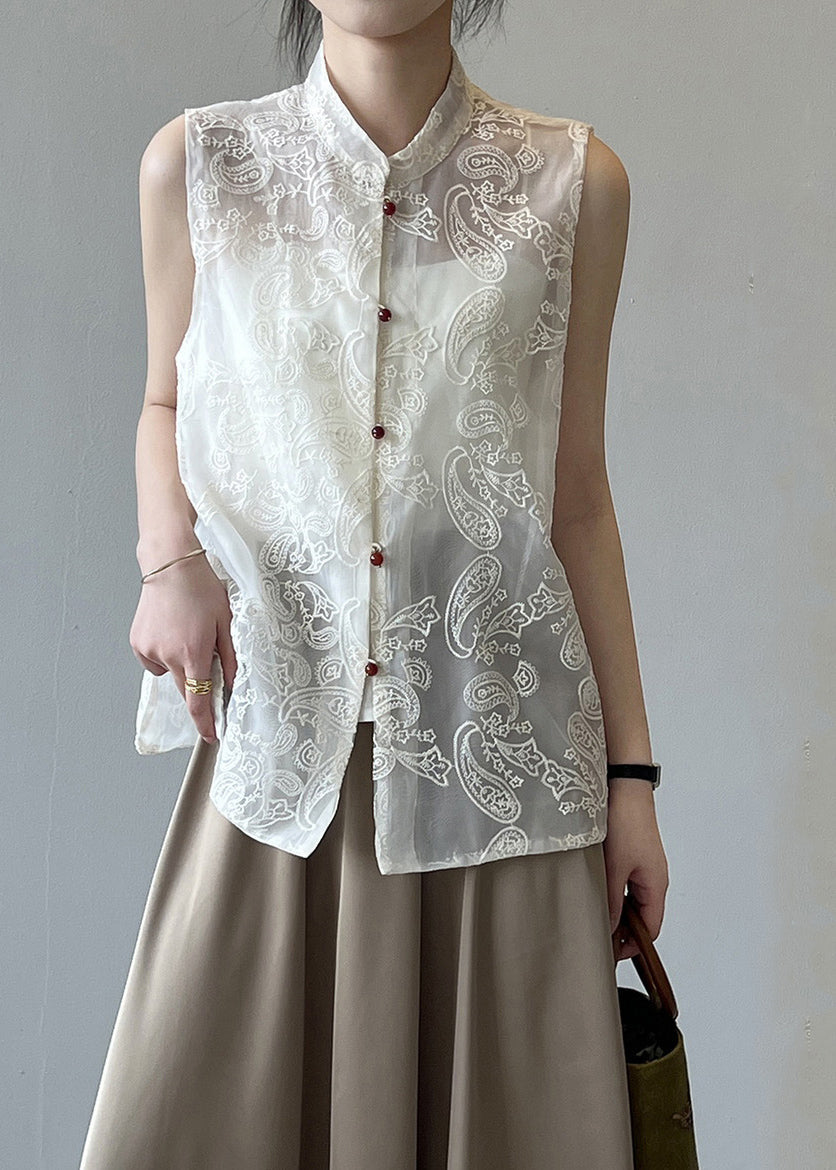 Boutique Beige Stand Collar Embroidered Tulle Waistcoat Summer VB1082