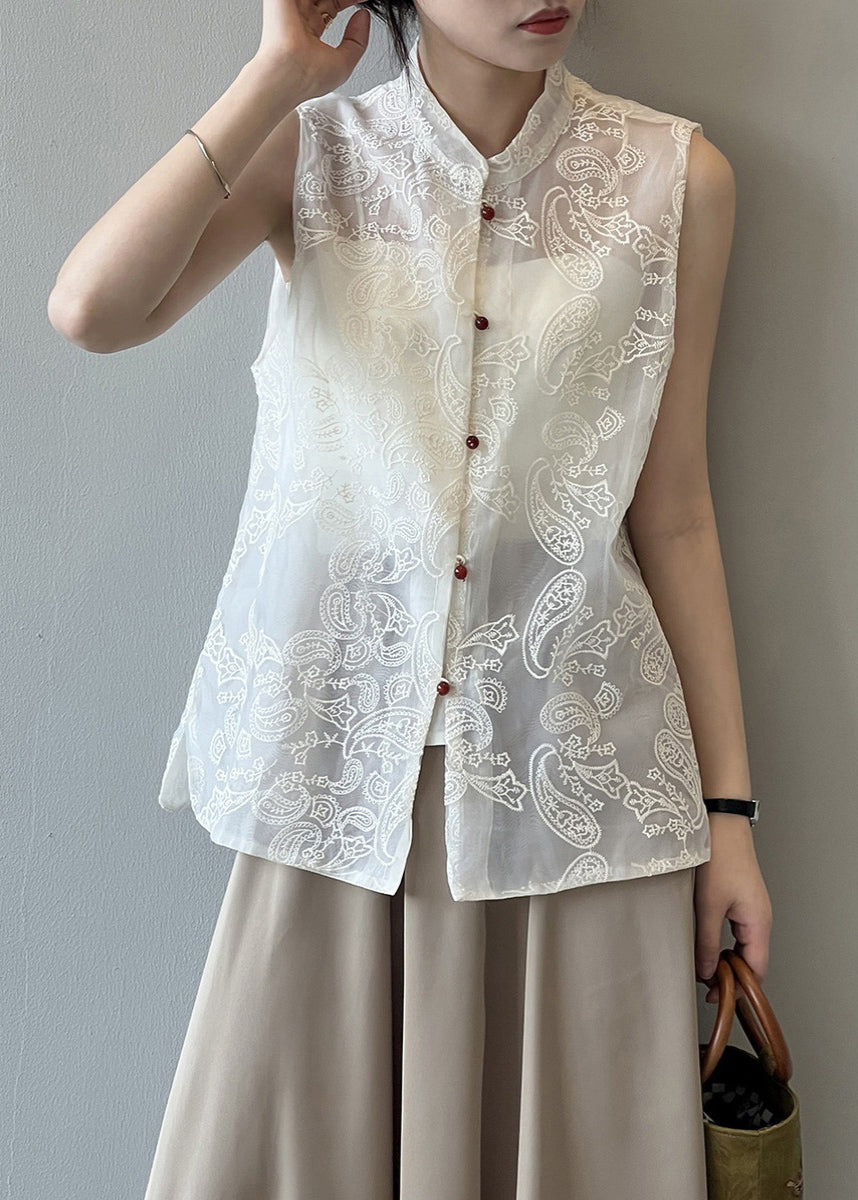 Boutique Beige Stand Collar Embroidered Tulle Waistcoat Summer VB1082