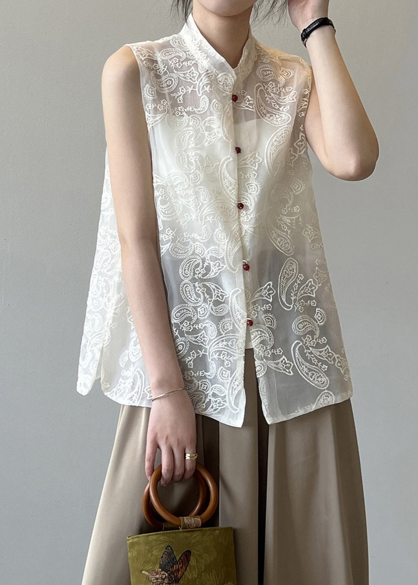 Boutique Beige Stand Collar Embroidered Tulle Waistcoat Summer VB1082