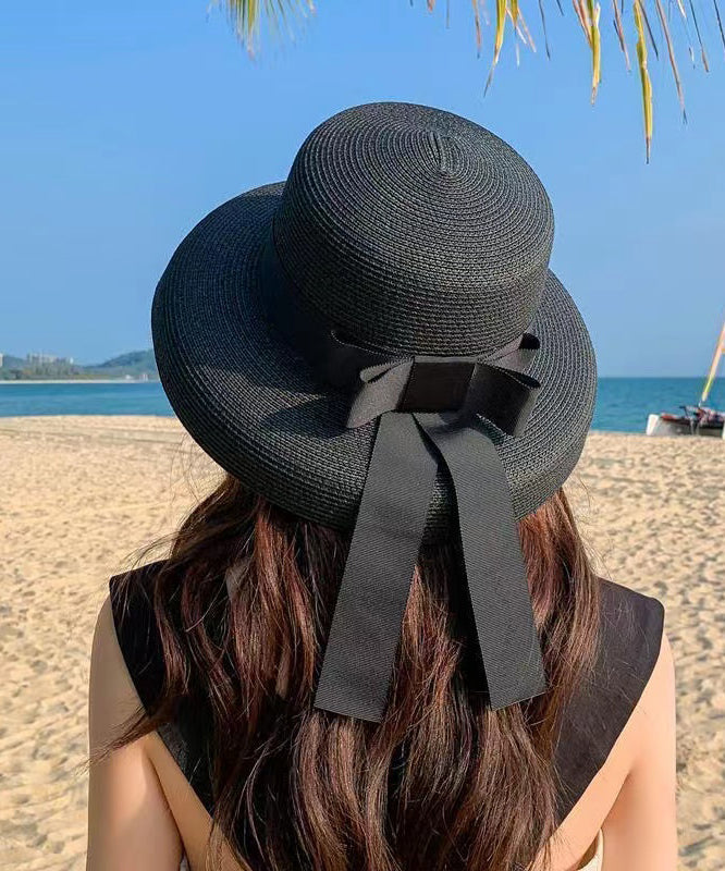 Boutique Black Bow Straw Woven Beach Sun Hat II048