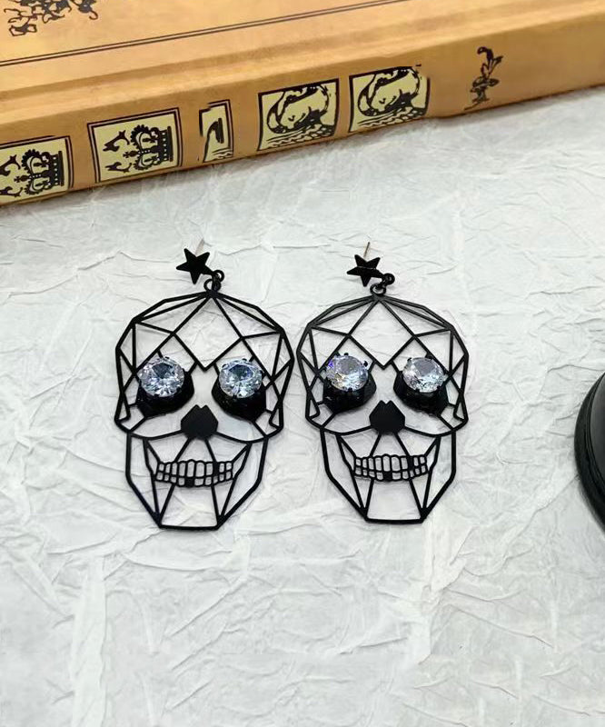 Boucles d'oreilles pendantes creuses en métal noir avec zircon et squelette humain ZZ016