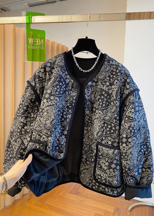 O Fine Boutique Black Neck Jackets Filled Pockets Print Cotton