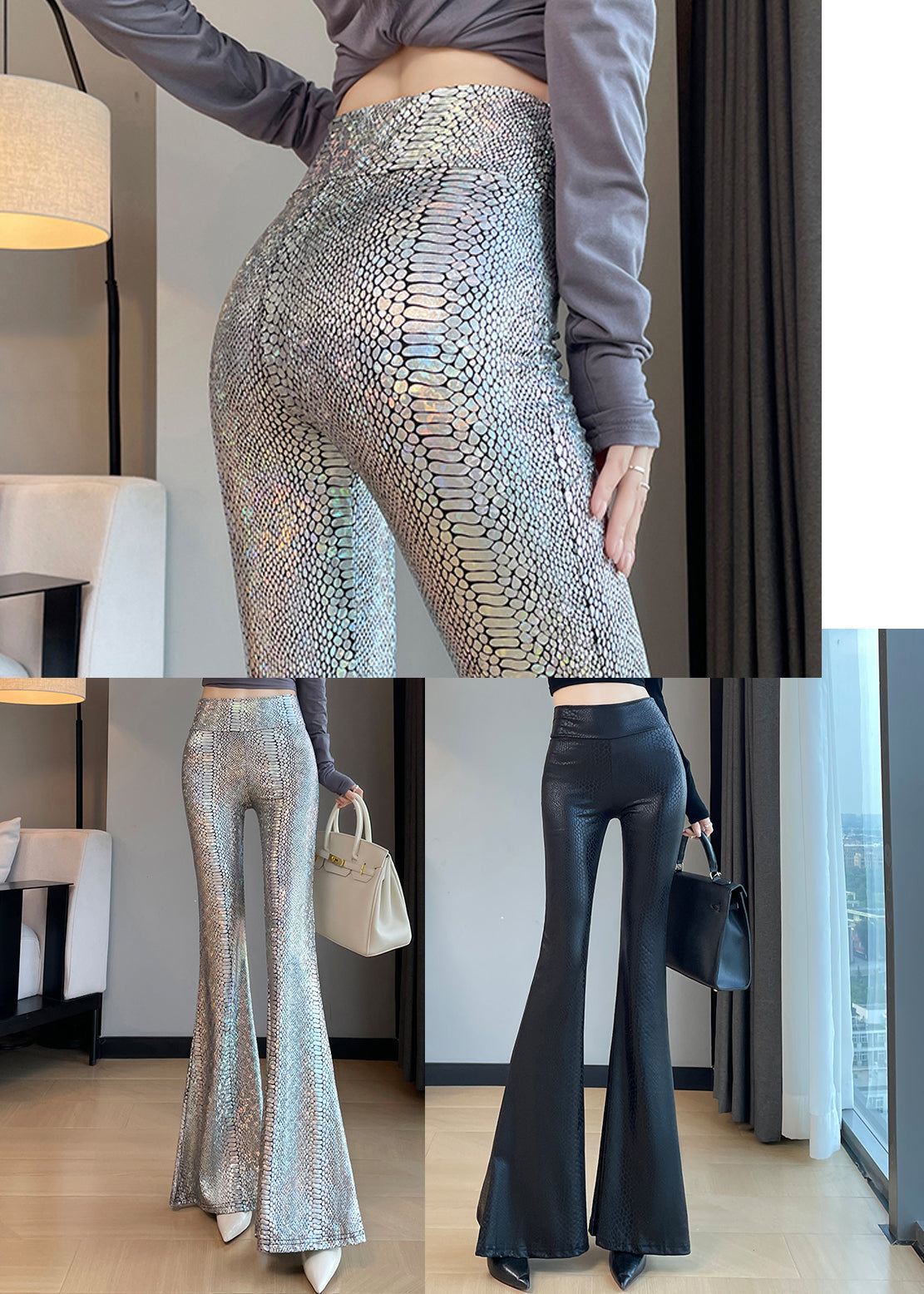 Boutique Schwarze Serpentine Butt Scrunch Schlaghose Frühling YP033