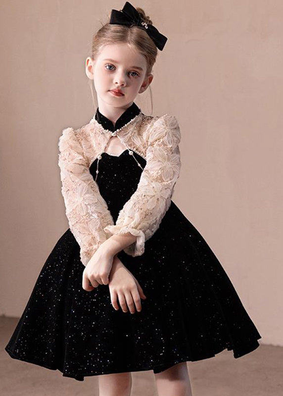 Boutique Black Stand Collar Lace Patchwork Kids Party Mid Dress Fall RP039