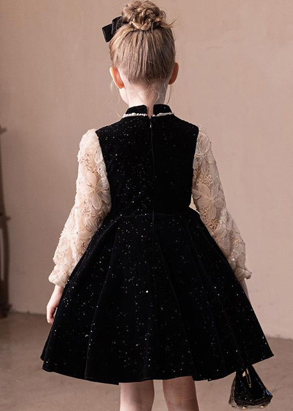 Boutique Black Stand Collar Lace Patchwork Kids Party Mid Dress Fall RP039