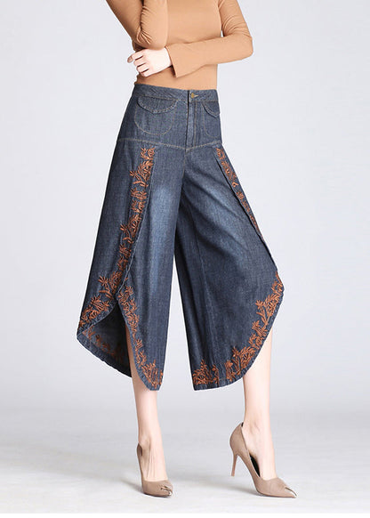 Boutique Blue Embroidered Pockets Cotton Crop Pants Skirt Summer BV072