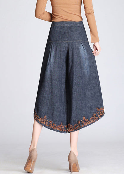 Boutique Blue Embroidered Pockets Cotton Crop Pants Skirt Summer BV072