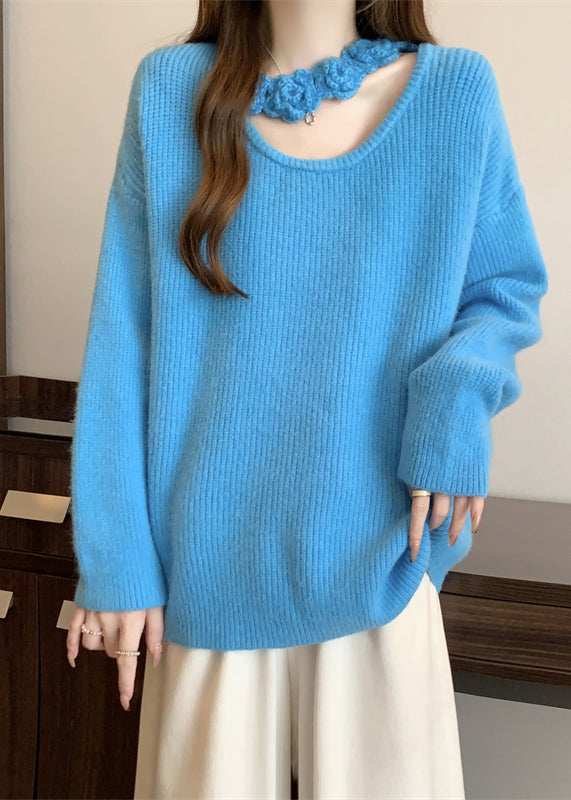 Boutique Blue Hollow Out Floral Knit Sweater Winter RG031