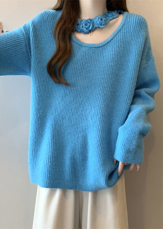 Boutique Blue Hollow Out Floral Knit Sweater Winter RG031