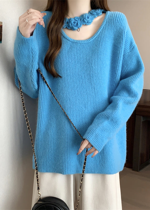 Boutique Blue Hollow Out Floral Knit Sweater Winter RG031