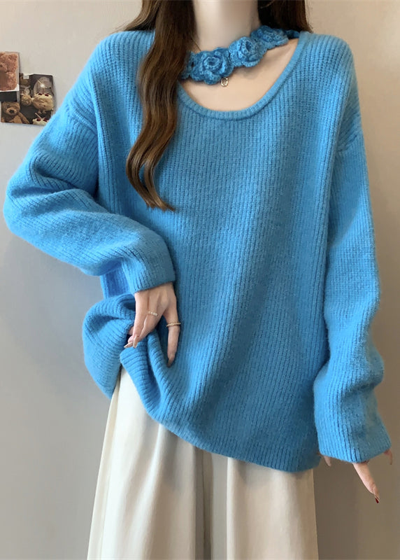 Boutique Blue Hollow Out Floral Knit Sweater Winter RG031