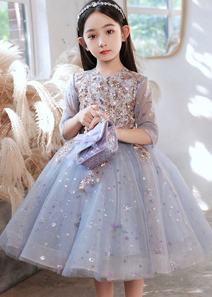 Boutique Blue O-Neck Sequins Patchwork Tulle Kids Long Dress Half Sleeve QV007