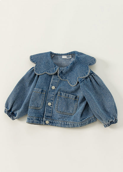 Boutique Blue Peter Pan Collar Patchwork Button Kids Denim Jacket Fall QV044