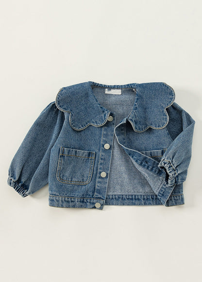 Boutique Blue Peter Pan Collar Patchwork Button Kids Denim Jacket Fall QV044