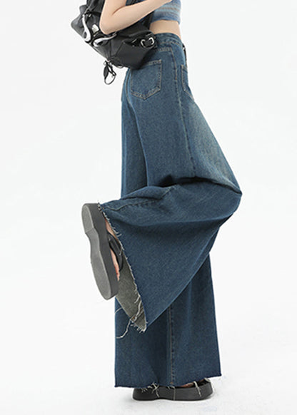 Boutique Blue Pockets High Waist Denim Wide Leg Pants Summer QQ1032