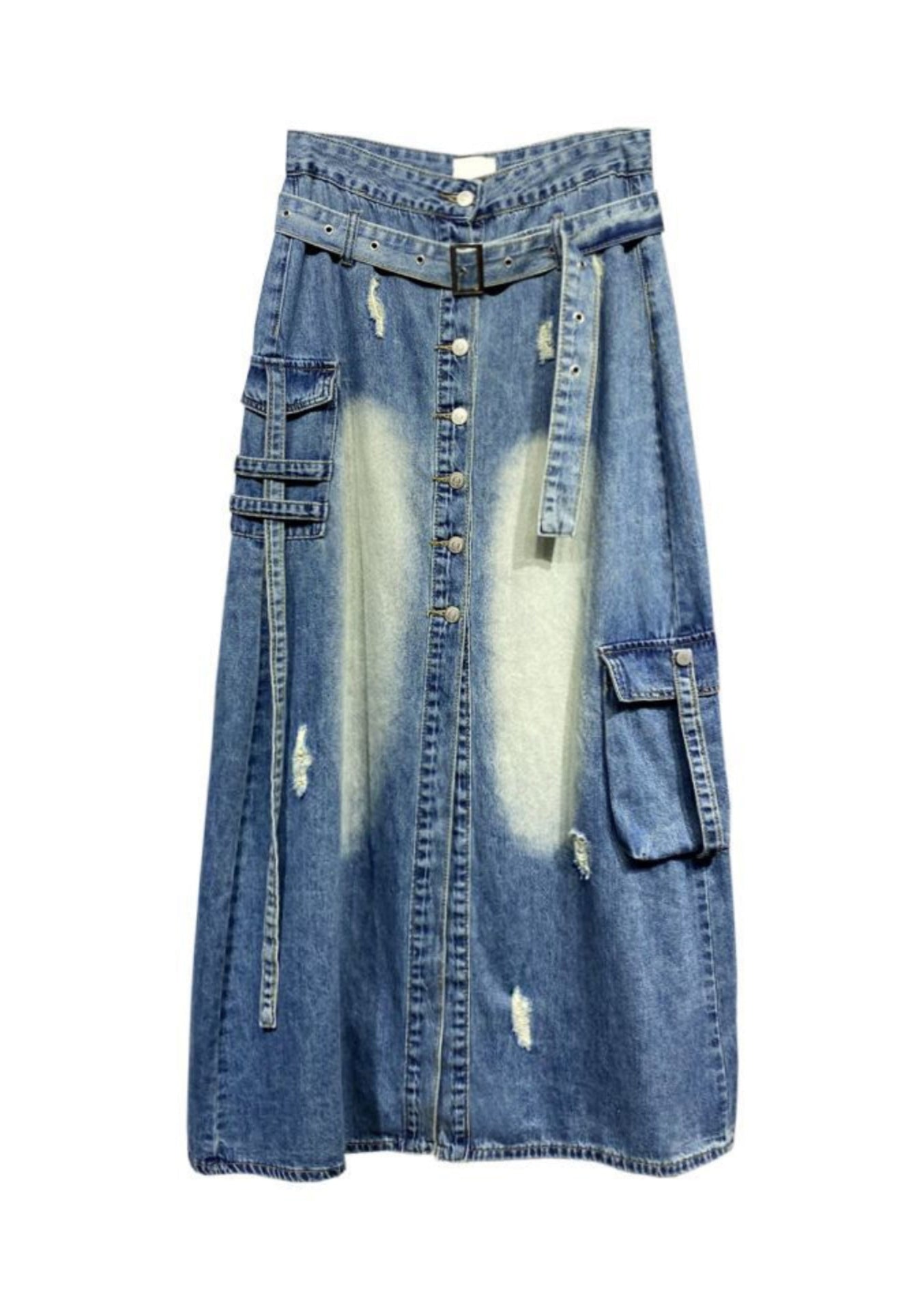 Boutique Blue Pockets Patchwork Front Open Denim Skirt Fall RI005