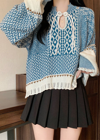 Boutique Blue Tasseled Jacquard Knit Short Sweater Winter RG026