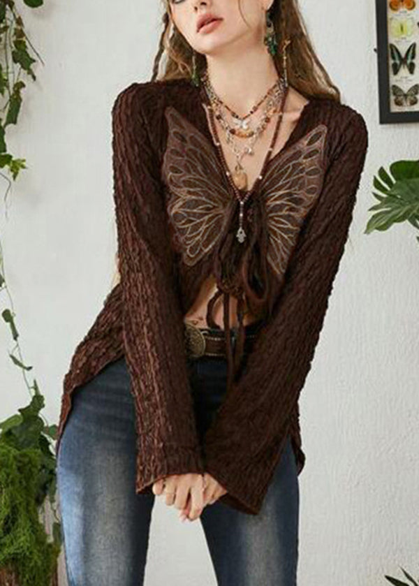 Boutique Brown Butterfly Lace Up Cotton T Shirt Top Fall QY019