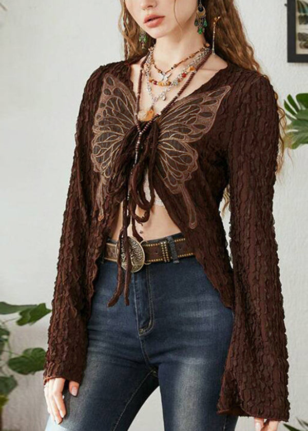 Boutique Brown Butterfly Lace Up Cotton T Shirt Top Fall QY019