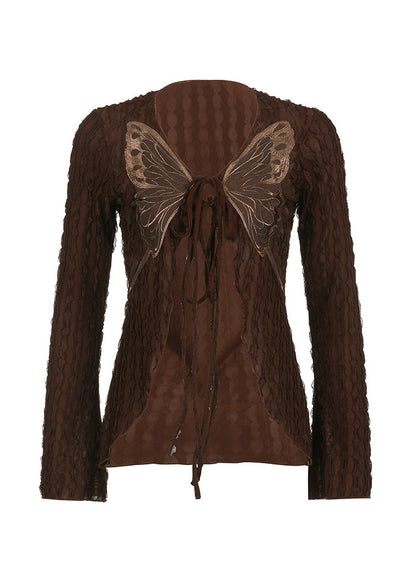 Boutique Brown Butterfly Lace Up Cotton T Shirt Top Fall QY019