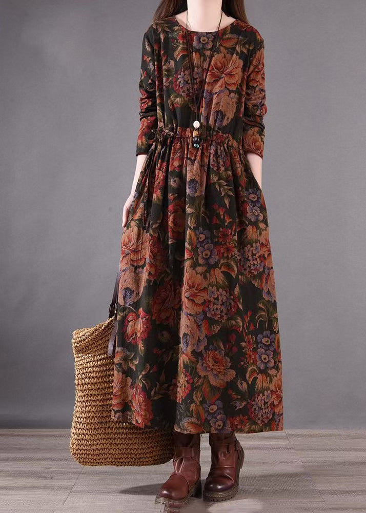 Cinched Brown Boutique Dress Cotton Holiday Print Spring