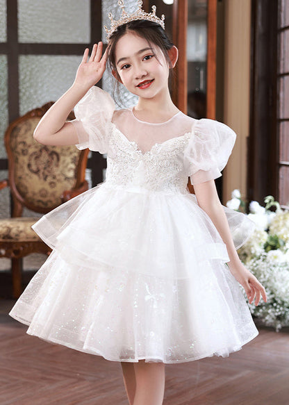 Boutique Champagne O-Neck Tulle Girls Mid Princess Dress Short Sleeve XZ032