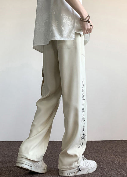 Boutique Chinese Style Beige Pockets Print Ice Silk Men Pants Summer YT049