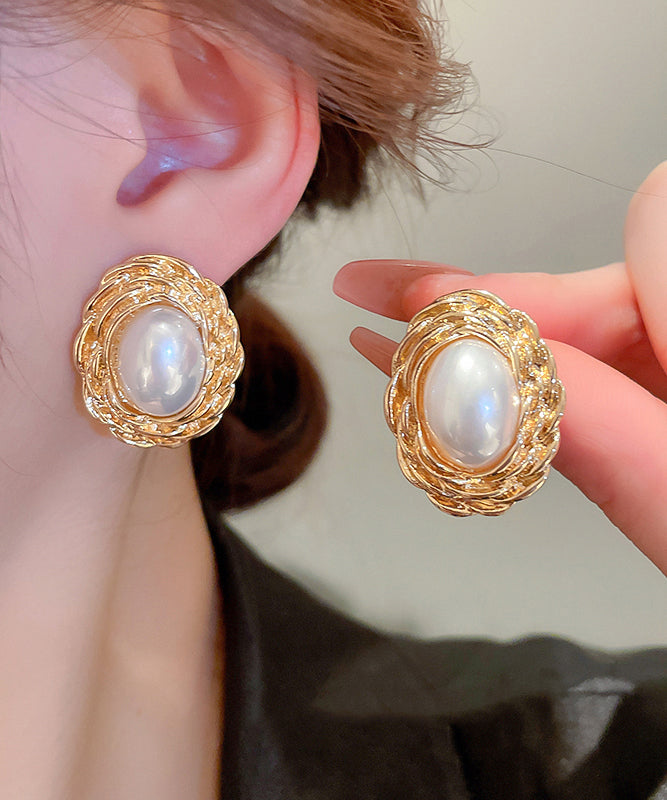Copper Alloy Boutique Stud Earrings Pearl Gold