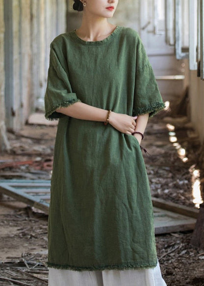 Boutique Green O Neck Side Open Linen T Shirts Dresses Summer LK037