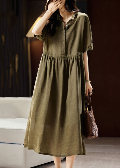 Boutique Green Peter Pan Collar Patchwork Linen Long Dresses Short Sleeve WW034