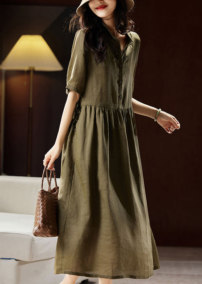 Boutique Green Peter Pan Collar Patchwork Linen Long Dresses Short Sleeve WW034