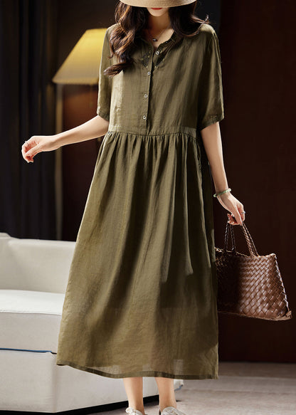 Boutique Green Peter Pan Collar Patchwork Linen Long Dresses Short Sleeve WW034