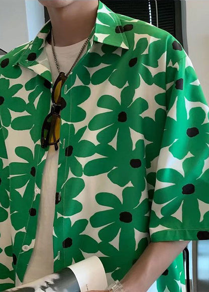 Boutique Green Peter Pan Collar Print Men Hawaiian Shirts Summer HG020