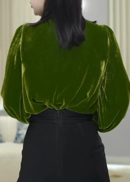 Boutique Green Ruffled Floral Velour Blouse Tops Fall WP024