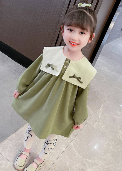 Boutique Green Sailor Collar Print Kids Mid Dresses Fall SS1053