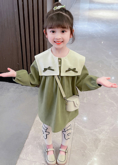 Boutique Green Sailor Collar Print Kids Mid Dresses Fall SS1053