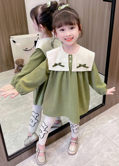 Boutique Green Sailor Collar Print Kids Mid Dresses Fall SS1053