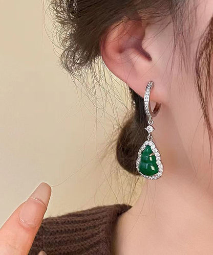 Boutique Green Sterling Silver Inlaid Zircon Jade Gourd Drop Earrings ZZ076