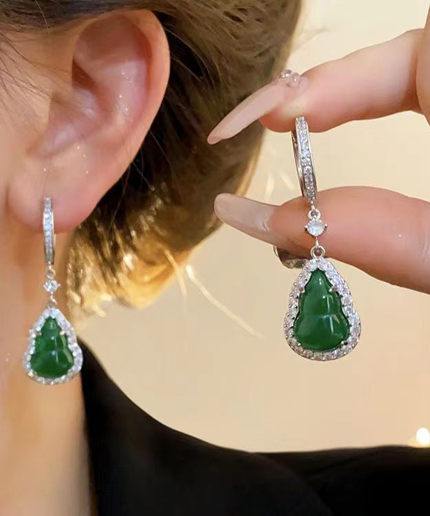 Boutique Green Sterling Silver Inlaid Zircon Jade Gourd Drop Earrings ZZ076