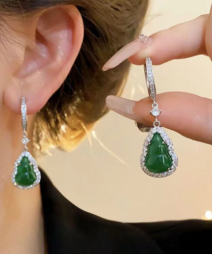 Boutique Green Sterling Silver Inlaid Zircon Jade Gourd Drop Earrings ZZ076