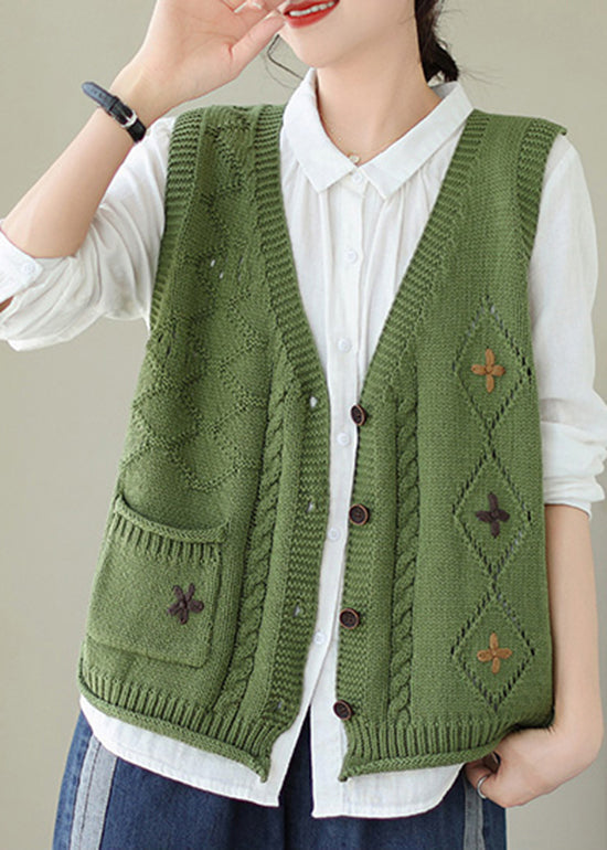 Boutique Green V Neck Embroidered Knit Vest Fall QA033