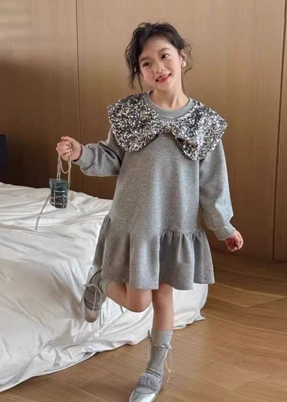 Boutique Grau Hals Pailletten Mädchen Mid Kleid Frühling TV037