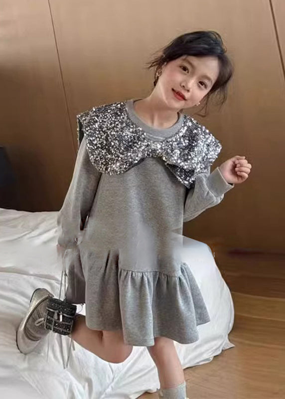 Boutique Grau Hals Pailletten Mädchen Mid Kleid Frühling TV037