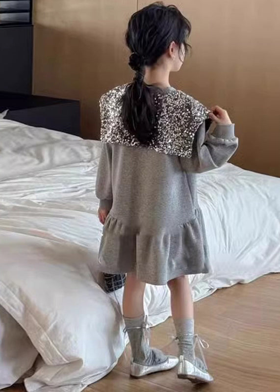 Boutique Grau Hals Pailletten Mädchen Mid Kleid Frühling TV037