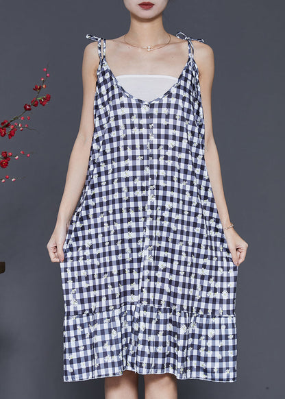 Boutique Grey Plaid Cotton Spaghetti Strap Dress Summer SD1004