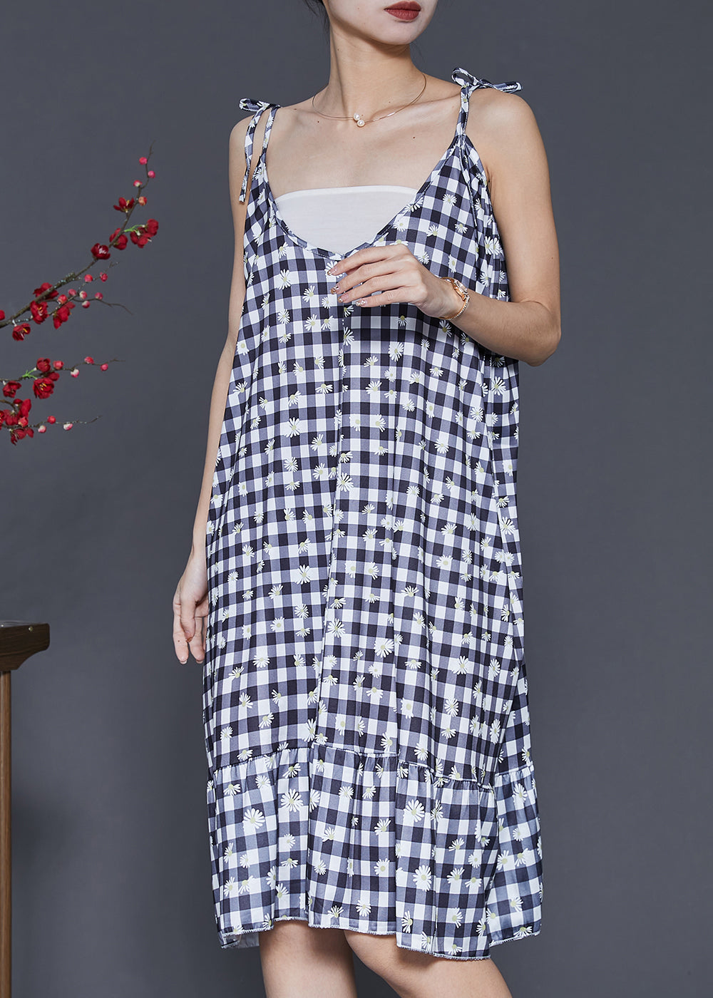 Boutique Grey Plaid Cotton Spaghetti Strap Dress Summer SD1004