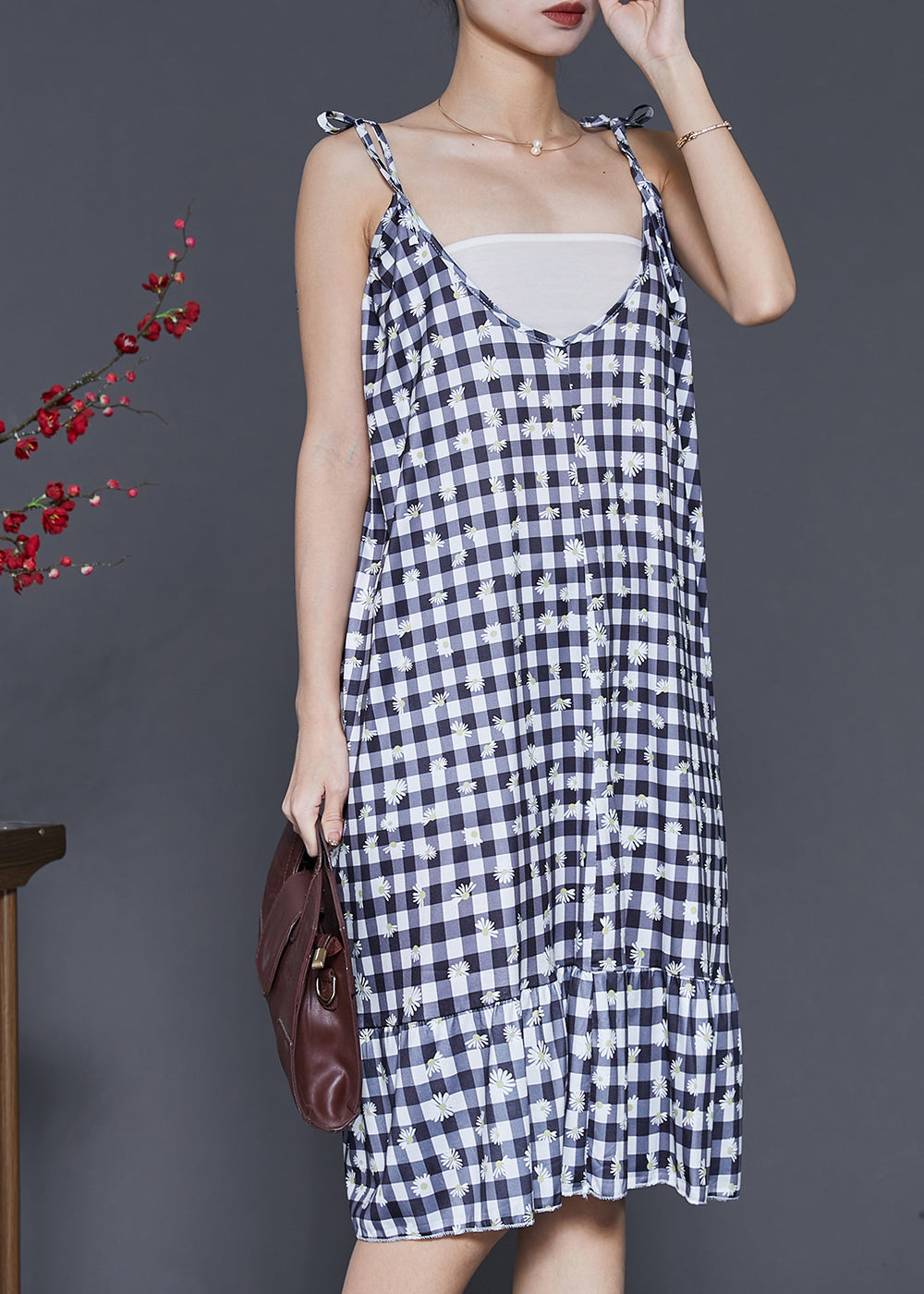 Boutique Grey Plaid Cotton Spaghetti Strap Dress Summer SD1004